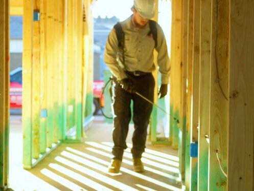 Worker sprays house frame